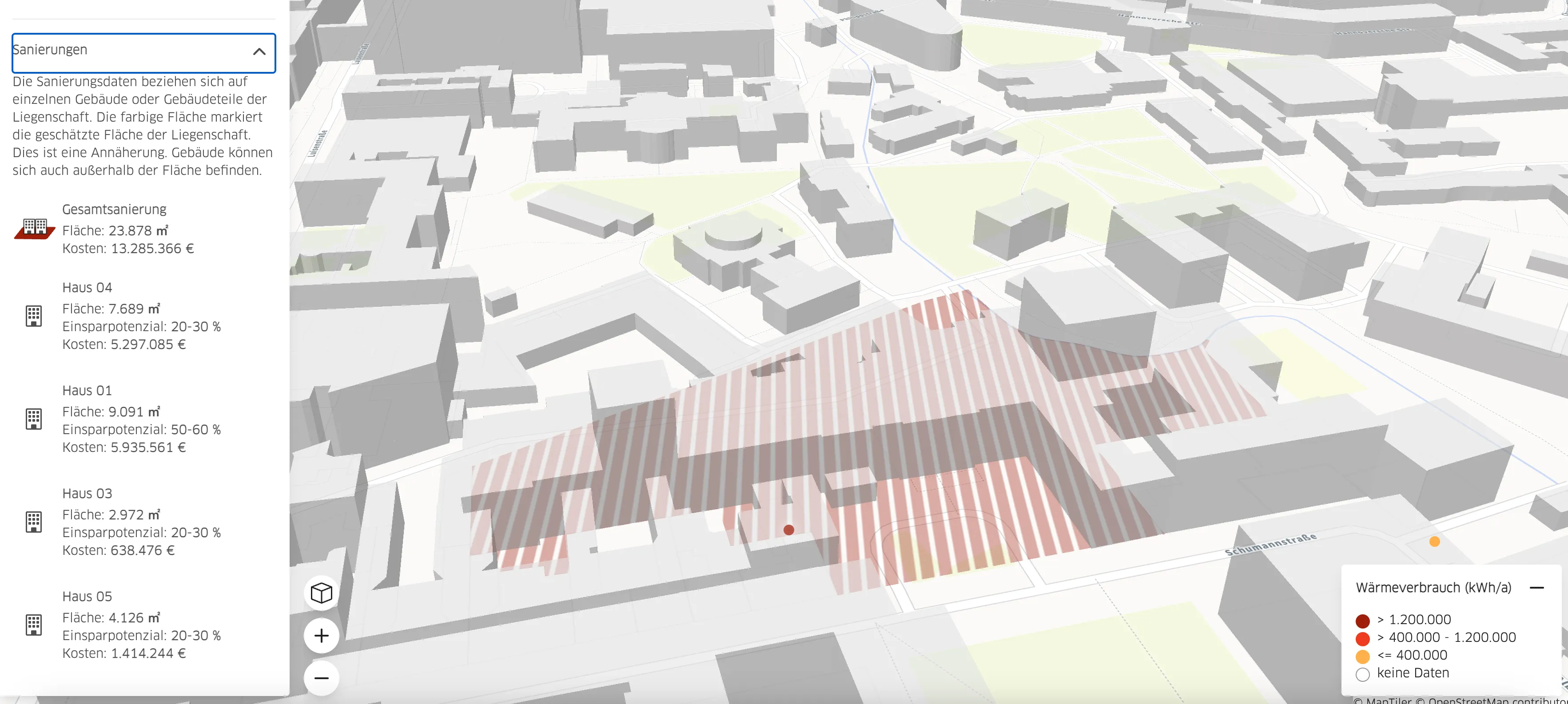 Für einzelne Gebäude, die einer Adresse annähernd zugeordnet werden können, existieren zudem Informationen zu Sanierungsfläche, Kosten und Einsparpotentialen